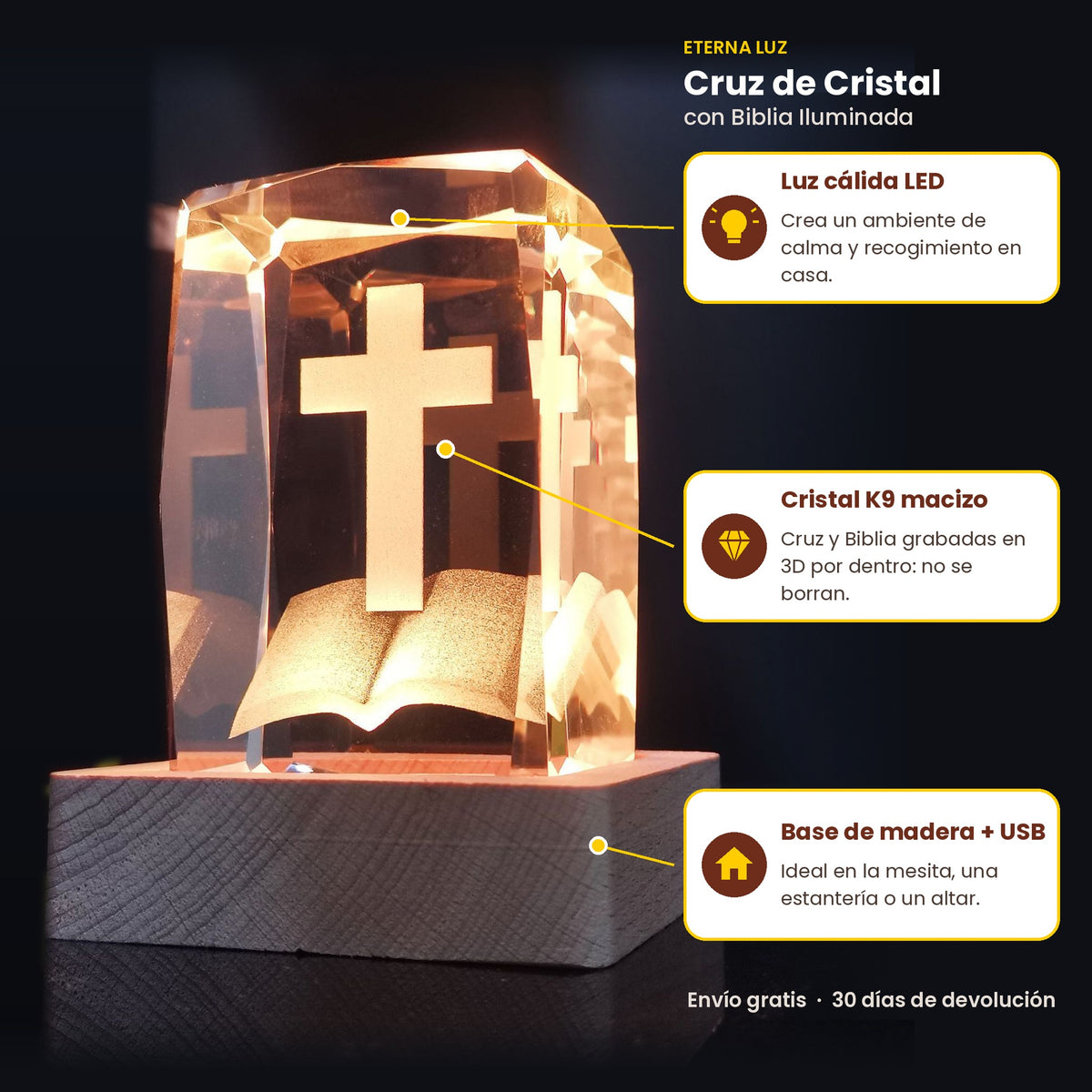 Cruz de cristal K9 con Biblia iluminada en luz cálida: luz LED, cristal macizo y base de madera con USB