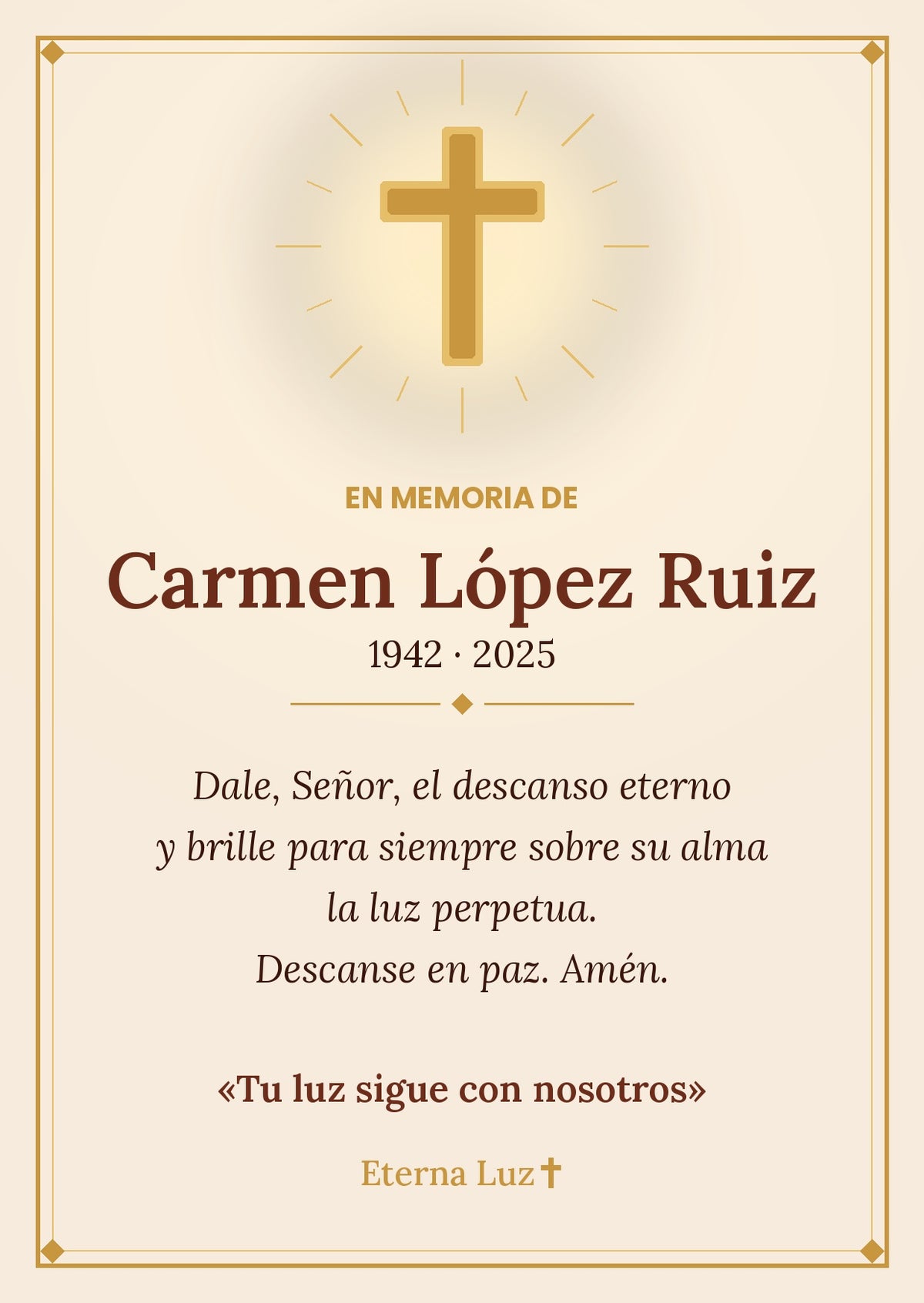 Ejemplo de tarjeta de recuerdo personalizada Eterna Luz con nombre y oración