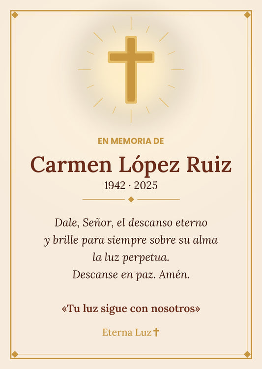 Ejemplo de tarjeta de recuerdo personalizada Eterna Luz con nombre y oración